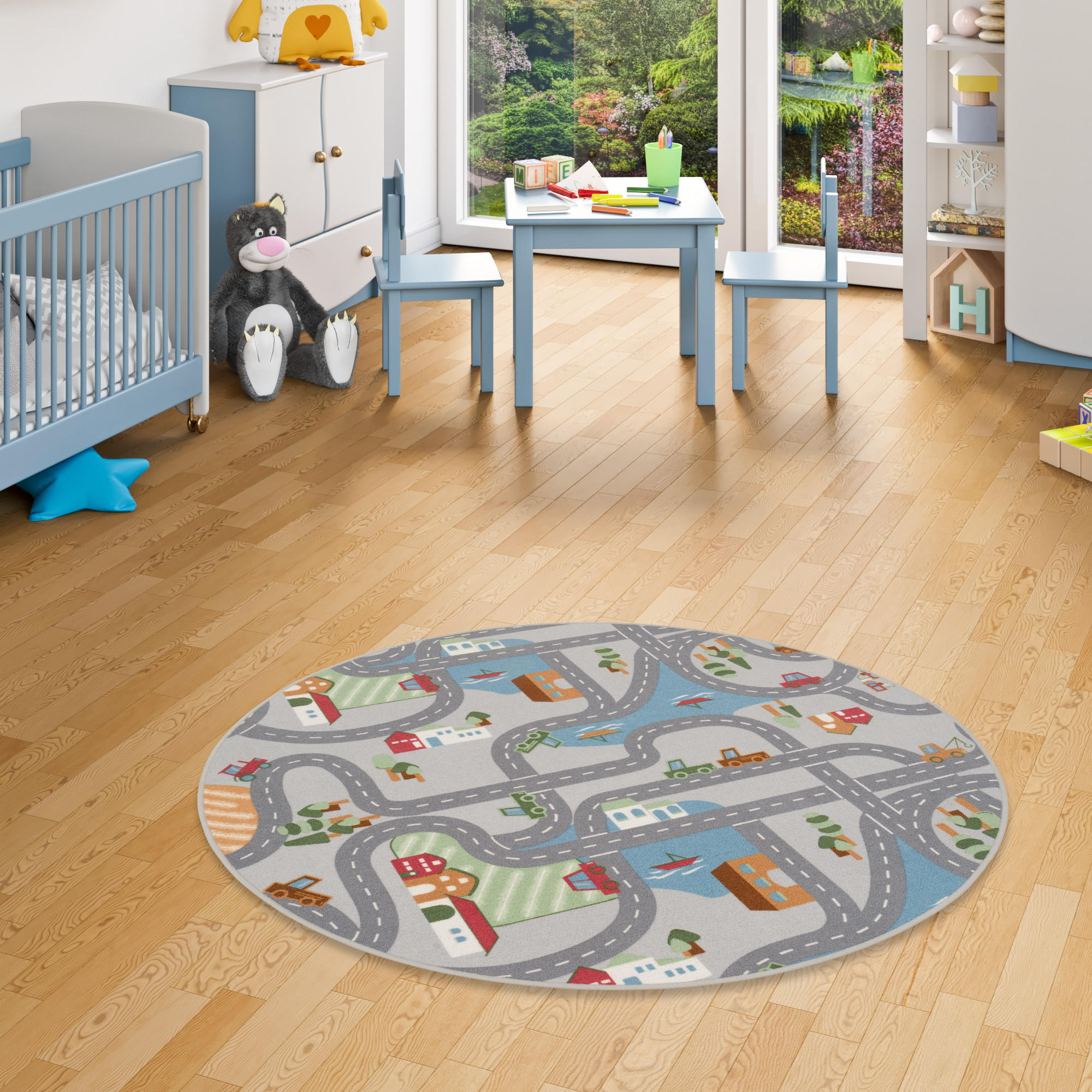KINDER SPIEL STRASSENTEPPICH FUN TOWN RUND - Grau, Textil (200/200cm) - Snapstyle