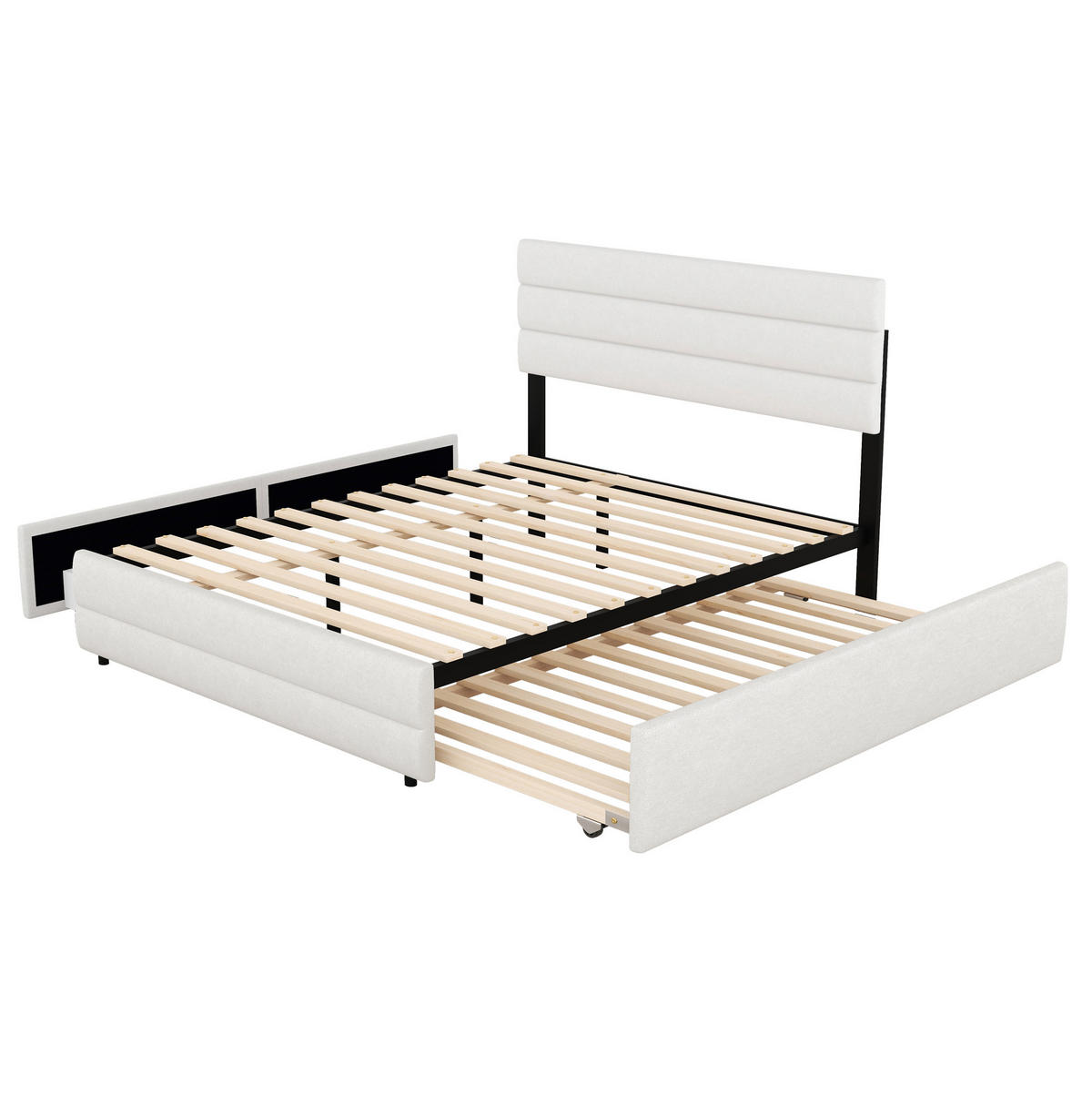 TAPECIRANI krevet 140/200 cm s pomoćnim ležajem i 2 ladice za pohranu, Bež - bež, drvni materijal (140/200cm) - Redom