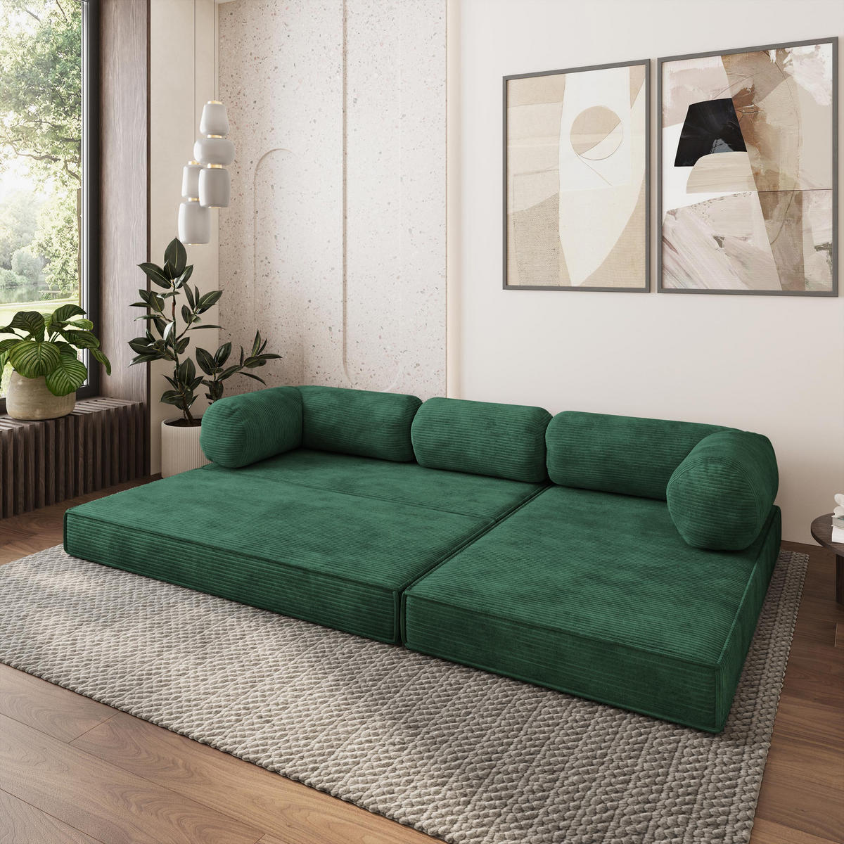 ROHOVÁ SEDAČKA ETERA modulární Boneless pohovka s funkcí spaní, zelená barva POSO 14 - zelená barva, textil (270/160cm) - MASSENO