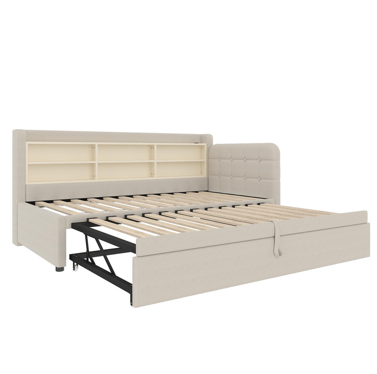 POLSTERBETT aus Leinen 90x200 cm in Beige mit Ausziehbett, USB & Typ-C - Beige, Textil (90/200cm) - Modfu
