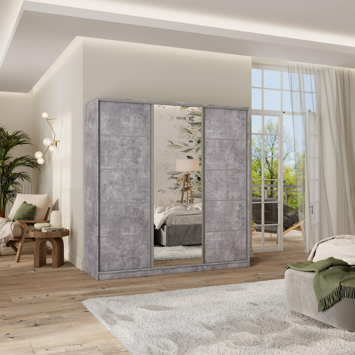 SCHWEBETÜRENSCHRANK PINA 200/205/58 cm 3-türig mit Spiegel und 4 Schubladen Titanfarben - Titanfarben, Holzwerkstoff (200/205/58cm) - MASSENO
