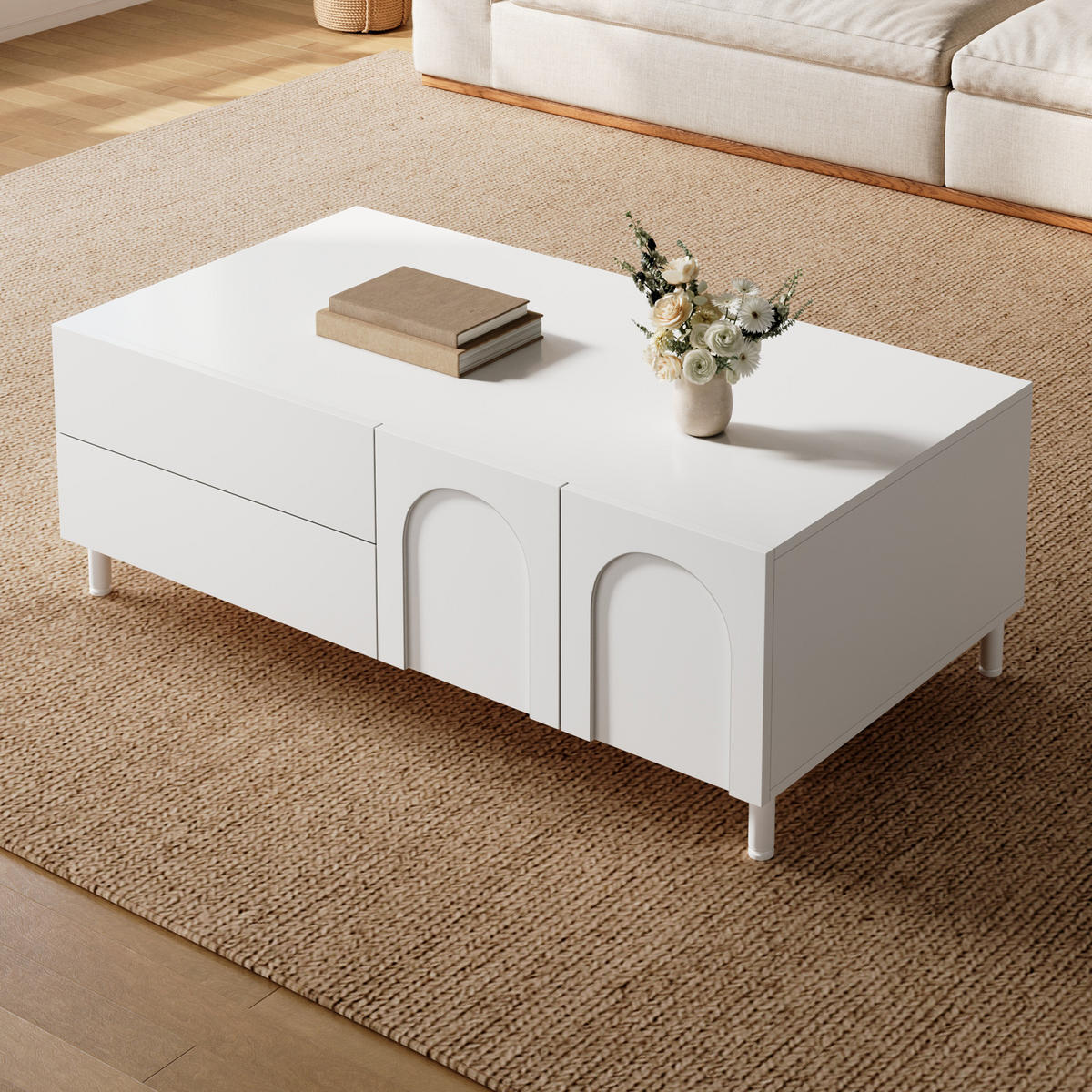 COUCHTISCH mit Stauraum, Bogenfront und Stahlfüßen im modernen Design - Weiß, Holzwerkstoff (100/50/39.5cm) - Korfee