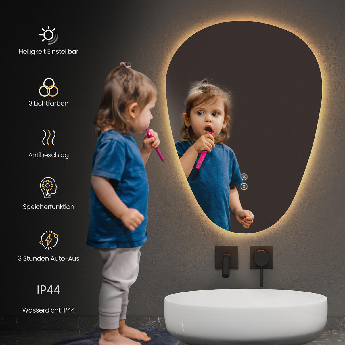 BADSPIEGEL mit Touch-Schalter, Dimmbar 80/60/3 cm - Weiß, Glas (60/3/80cm) - EMKE