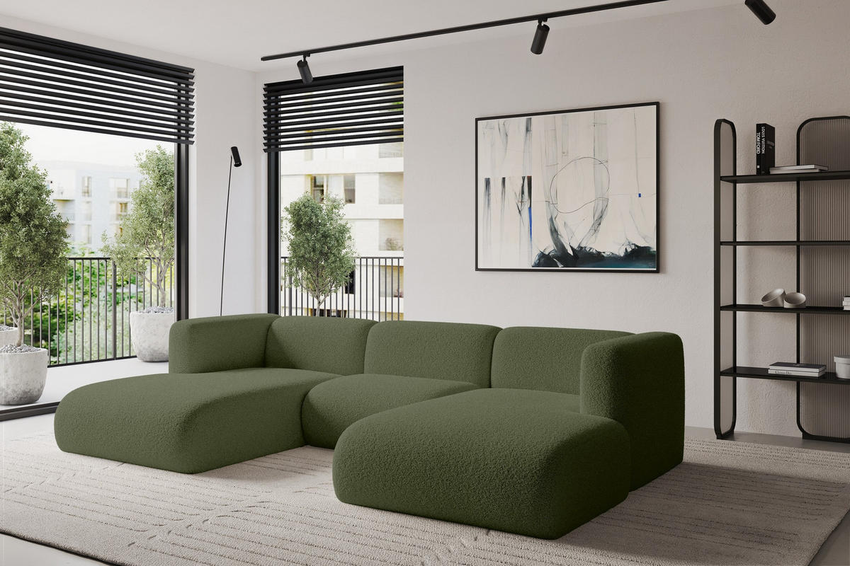 WOHNLANDSCHAFT MIRA-U1 317x179x70 Grün Bouclé - Schwarz/Olivgrün, Holzwerkstoff/Kunststoff (317/70/179cm) - ALTDECOR