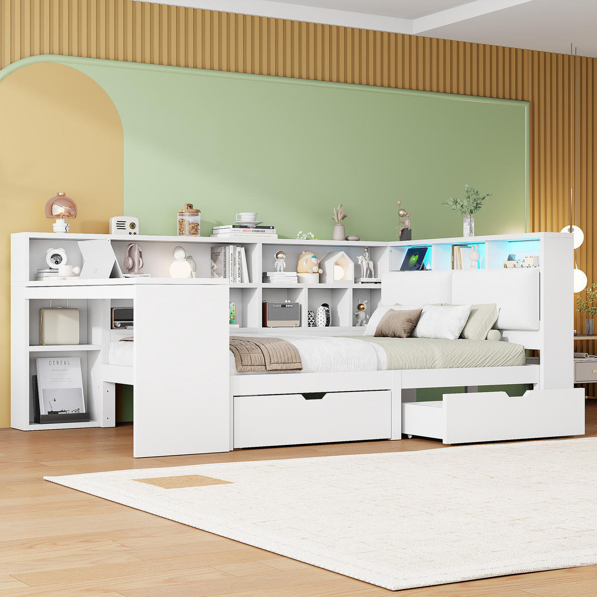BETT 140/200 cm in Weiß mit Schubladen, LED und Schreibtisch - Weiß, Holzwerkstoff/Textil (140/200cm) - WISHDOR