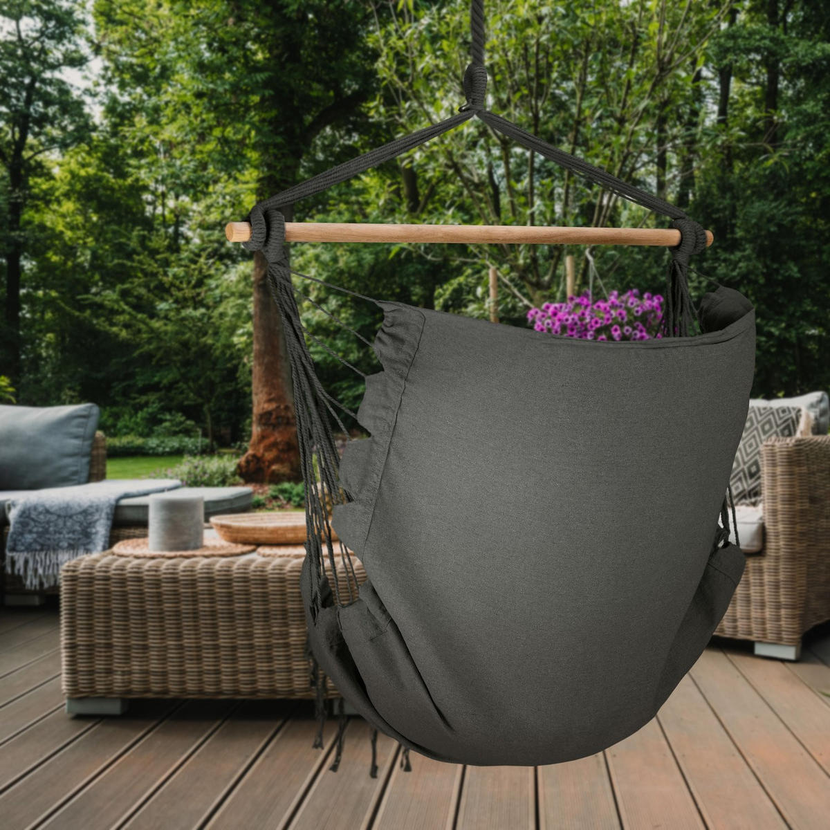 HÄNGESESSEL mit 3 Kissen 75/100/130 cm, bis 140 kg - Schwarz, Textil (100/130/75cm) - Outtec