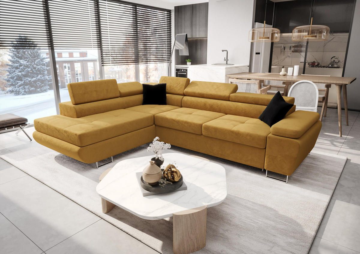 ECKSOFA KONGO RBN04, Eckcouch in L-Form mit Schlaffunktion, Farbe: Gelb, Velourstoff, Ottomane Links - Gelb, Textil (272/200cm) - O-Sofa