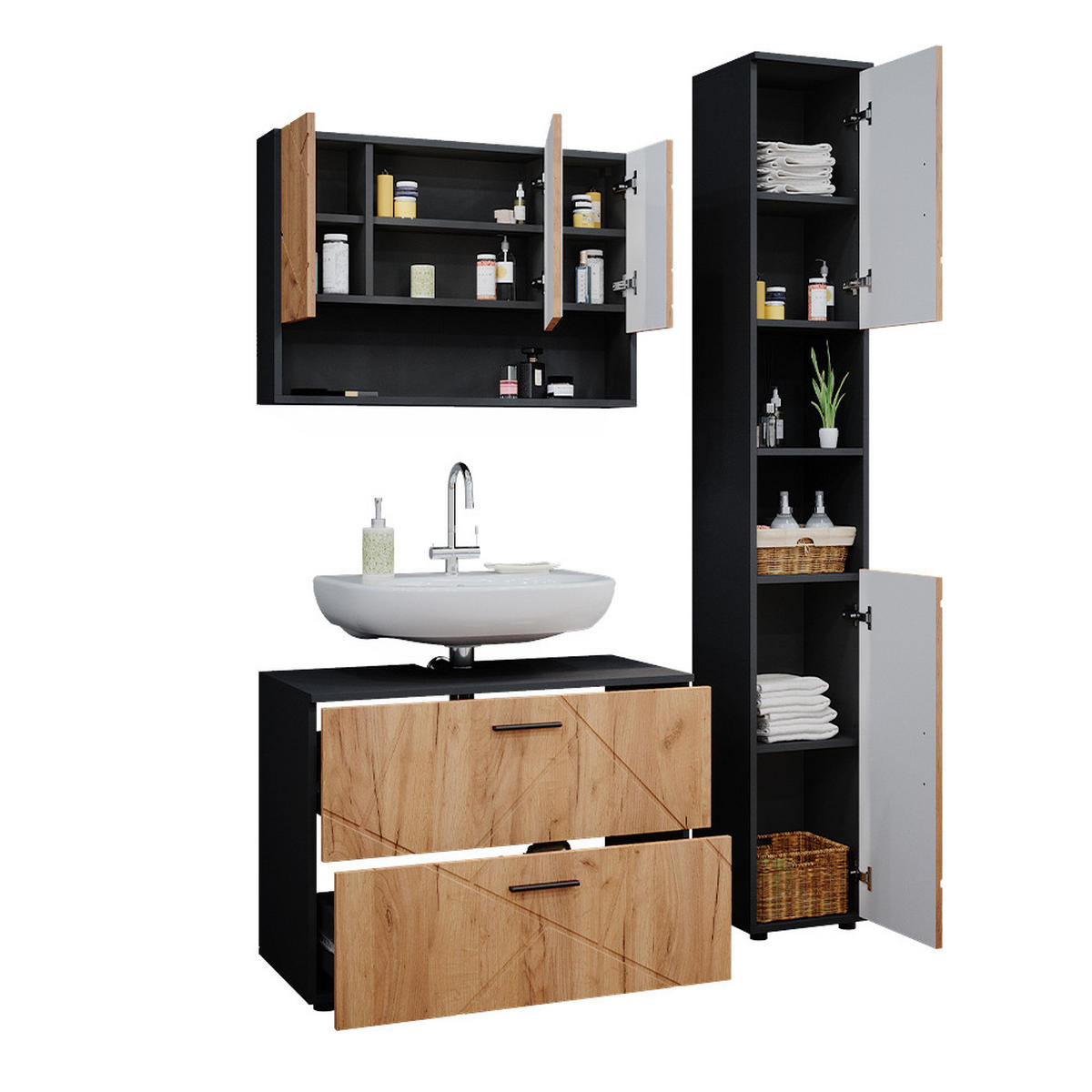 BADMÖBEL-SET Irma Goldkraft Eiche/Anthrazit 3 Teile mit Spiegelschrank 80 cm - Anthrazit/Eiche Wotan, Holzwerkstoff (80/58.6/41cm) - Vicco