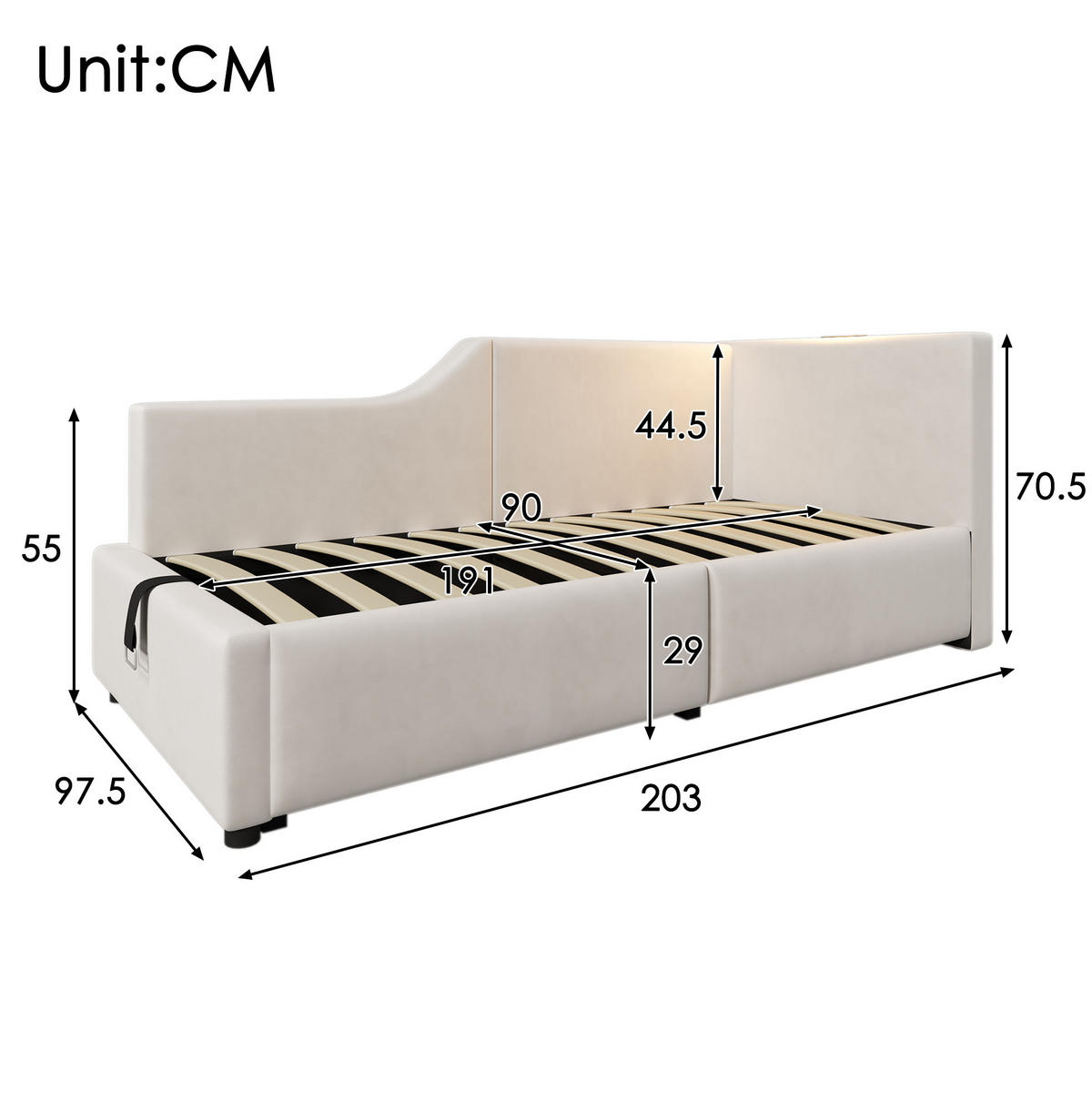 OBLAZINJENA postelja 90/190 cm z žametno prevleko, hidravličnim prostorom za shranjevanje, bralno lučko in USB-C, Bež - bež, tekstil (90/190cm) - Redom
