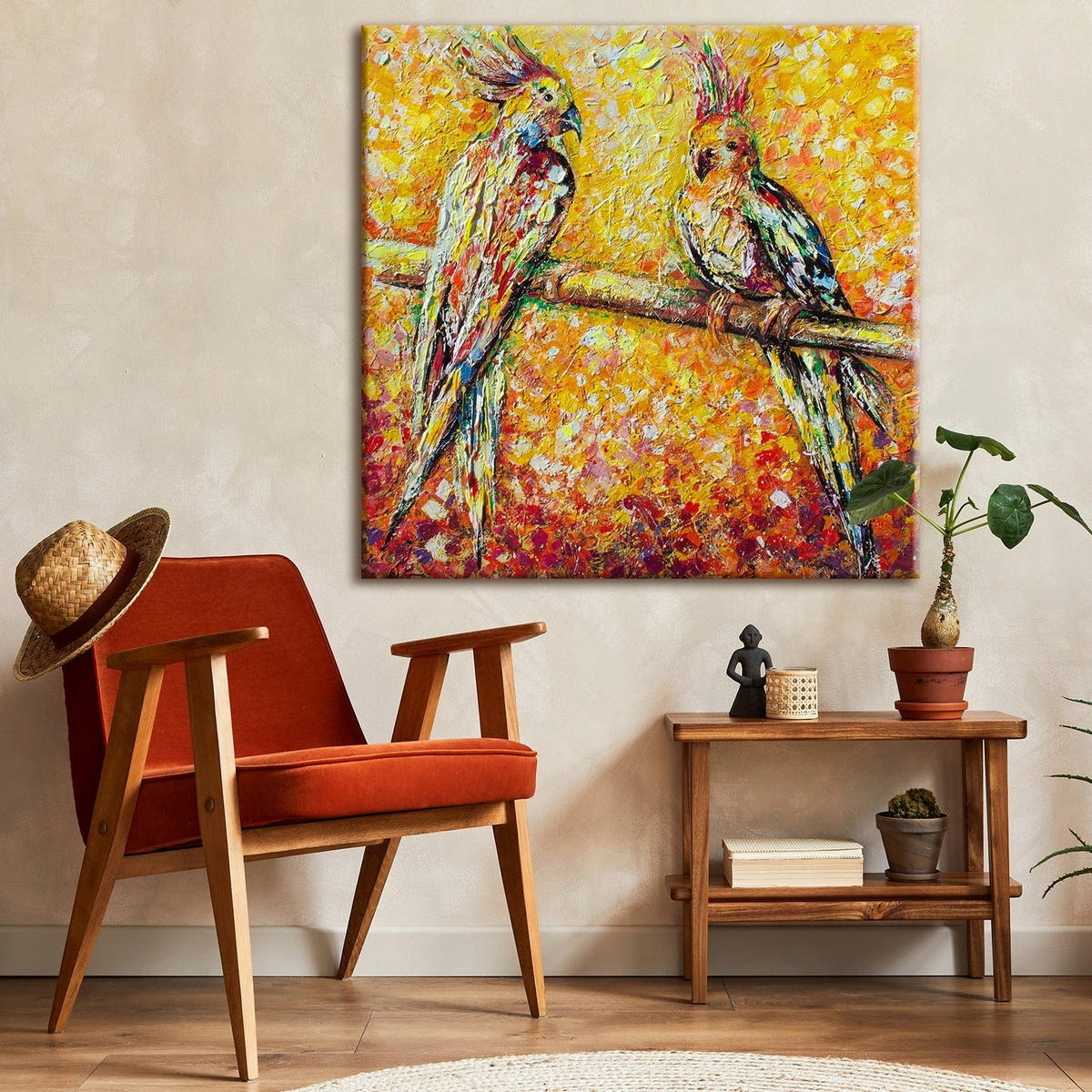 GEMÄLDE Papagei in der Sonne auf Keilrahmen 90x90 cm - Multicolor, Holz (90/90cm) - YS-art gallery
