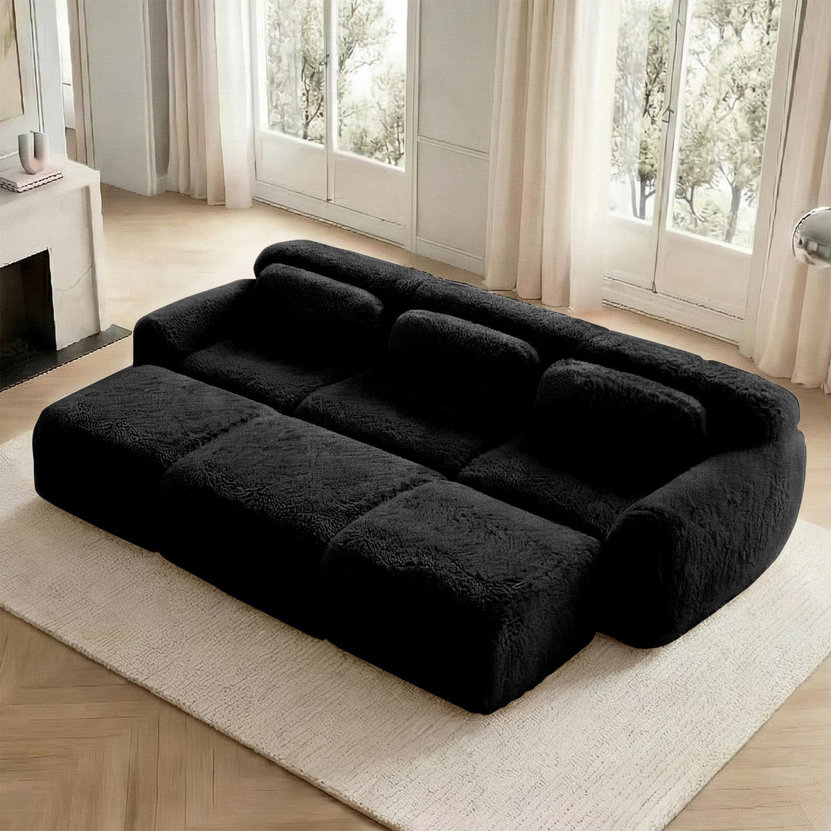 3-SITZER Sofa 291x179x73 cm aus Plüschstoff rahmenlos modular mit 3 Ottomans, schwarz - Schwarz, Textil (179/73/291cm)