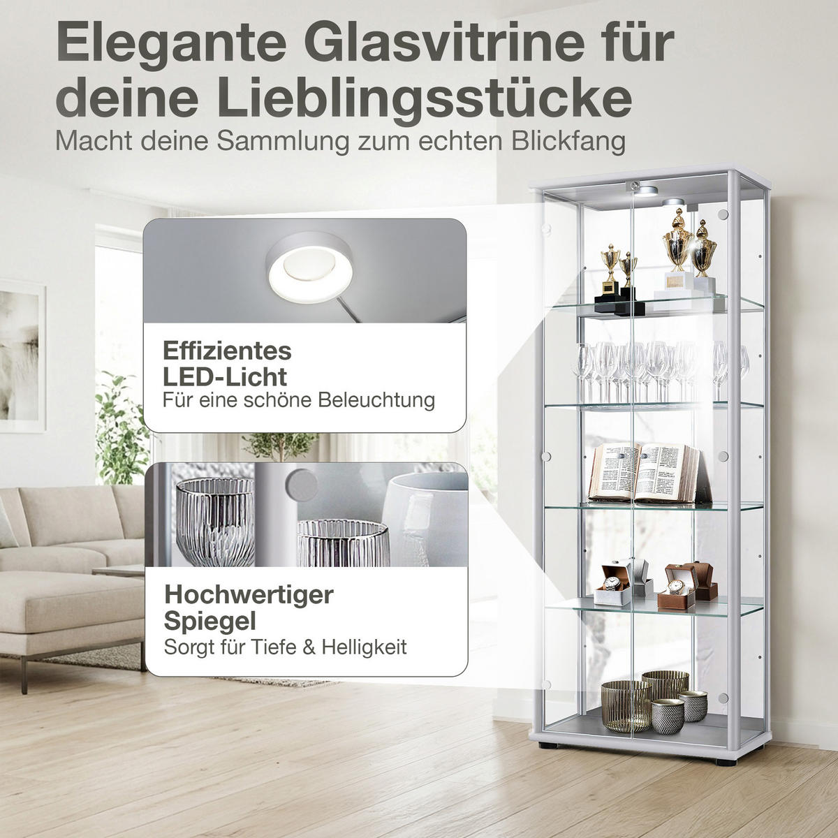 VITRINE 33/67/176 cm mit Spiegel, LED, Schloss & 4 höhenverstellbaren Glasböden - Transparent/Silberfarben, Glas/Holzwerkstoff (67/176/33cm) - K-Möbel