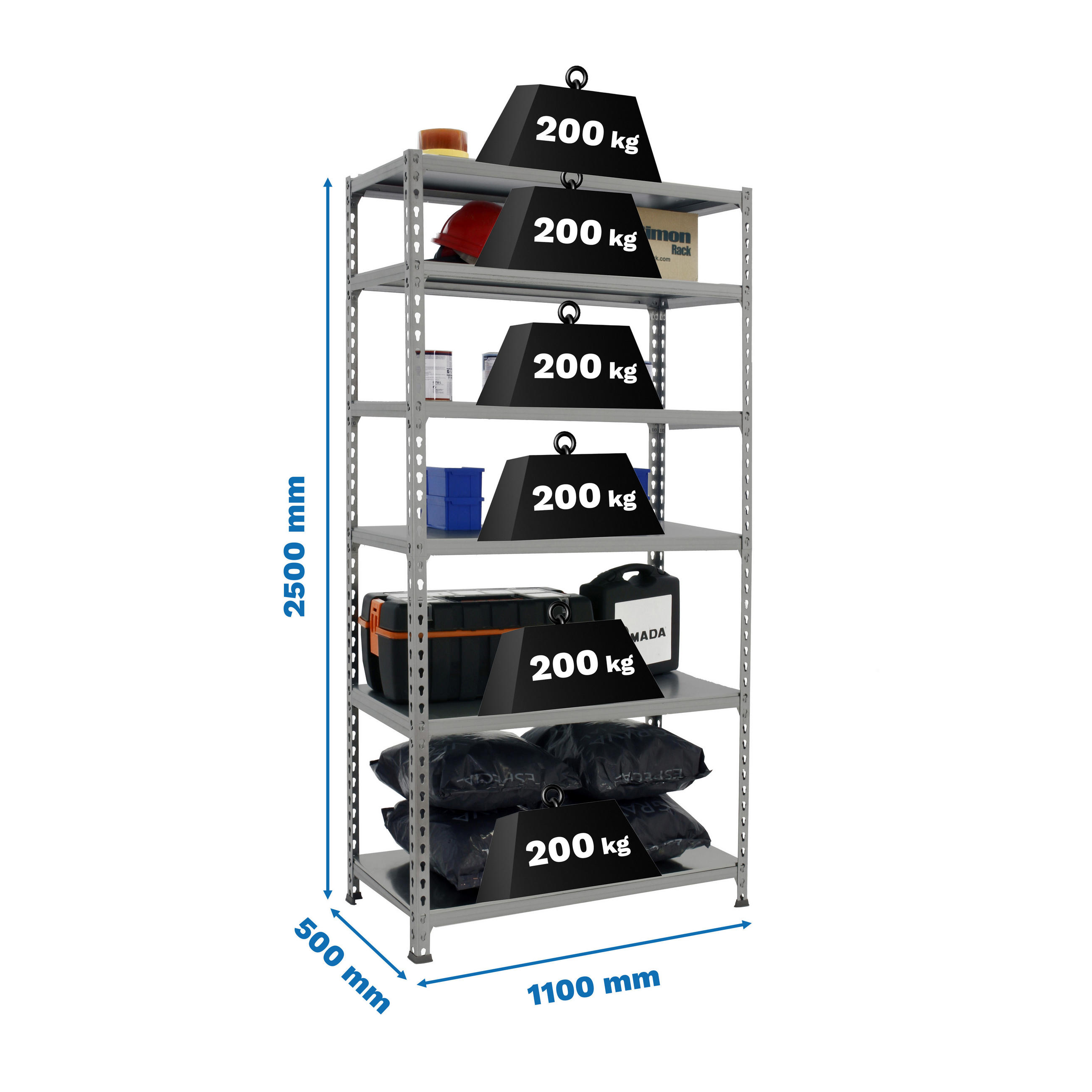 SCHWERLASTREGAL Giant Metal Shark HxBxT 250 x 110 x 50 cm Fachlast 200 kg Grau - Grau, Metall (110/250/50cm) - PROREGAL