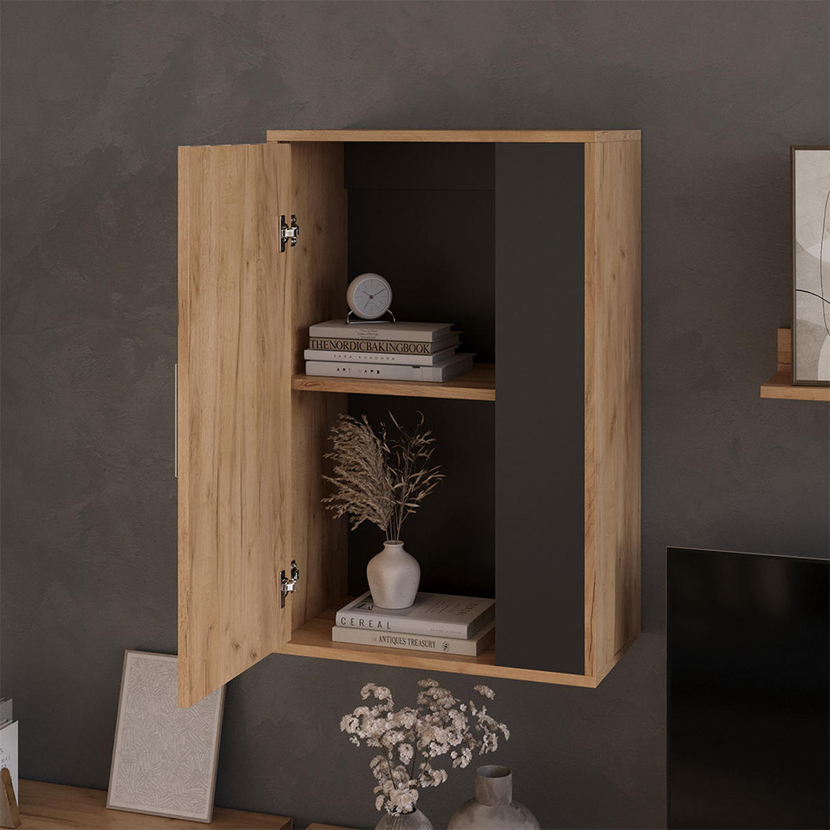 NÁSTĚNNÁ POLICE Berno Zlatý dub power/antracit - medově dubová/antracitová, kompozitní dřevo (50.1/78.4/28.3cm) - Vicco