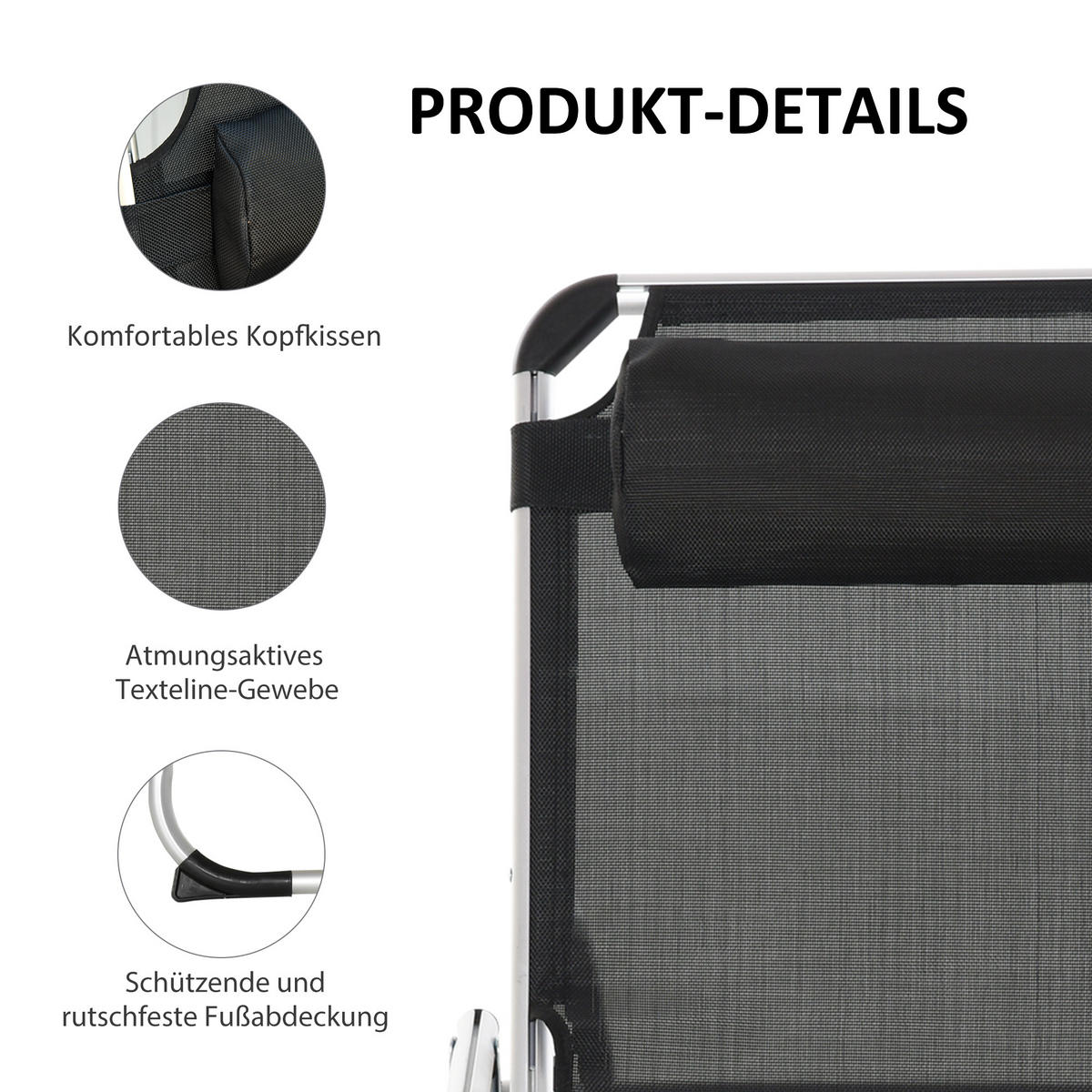 GARTENLIEGE mit Kopfkissen, Schwarz - Schwarz, Kunststoff/Metall (60/19.5/80cm) - Outsunny