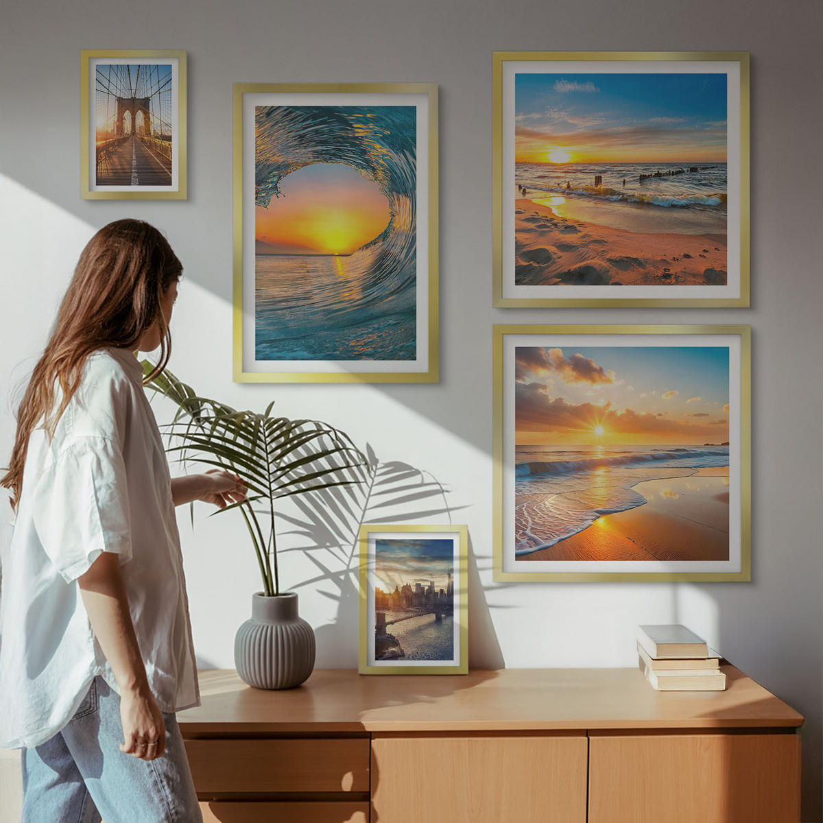 BILDER SET 5er Set - 50x50 cm & 20x30 cm & 40x60 cm Goldrahmen - Brücken, Sonnenuntergänge, Stadt - Goldfarben, Kunststoff (40/60cm) - TULUP