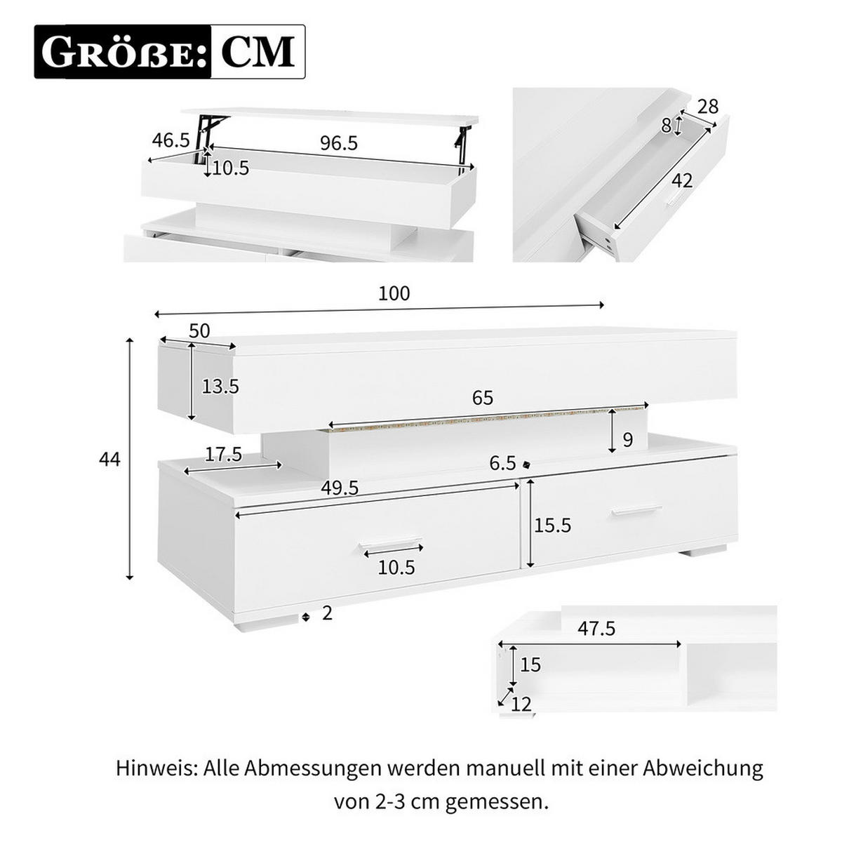 COUCHTISCH 100x50cm Hydraulisch Höhenverstellbar Weiß LED Bluetooth - Weiß, Holz (109/58/13.5cm) - FLIEKS
