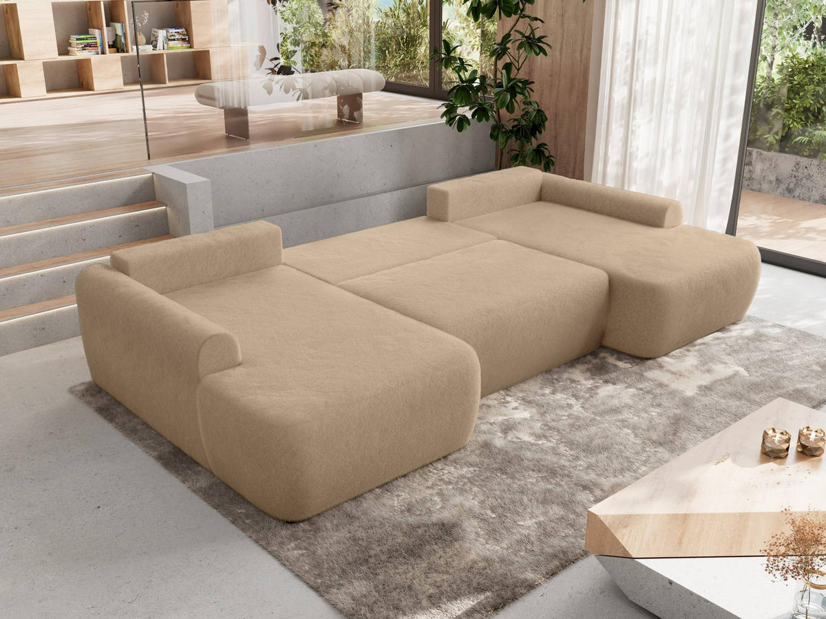 WOHNLANDSCHAFT CUBO U Beige Plüsch - Beige/Schwarz, Kunststoff/Textil (370/100/187cm) - MKS