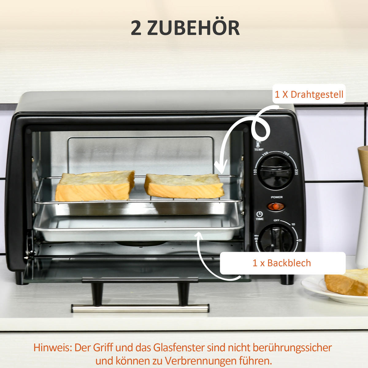 MINIBACKOFEN 10L 750W Elektrobackofen mit Timer, Temperatur bis 230°C, inkl. Backblech & Grillrost, Schwarz - Schwarz, Metall (36.5/22/26cm) - Beaface