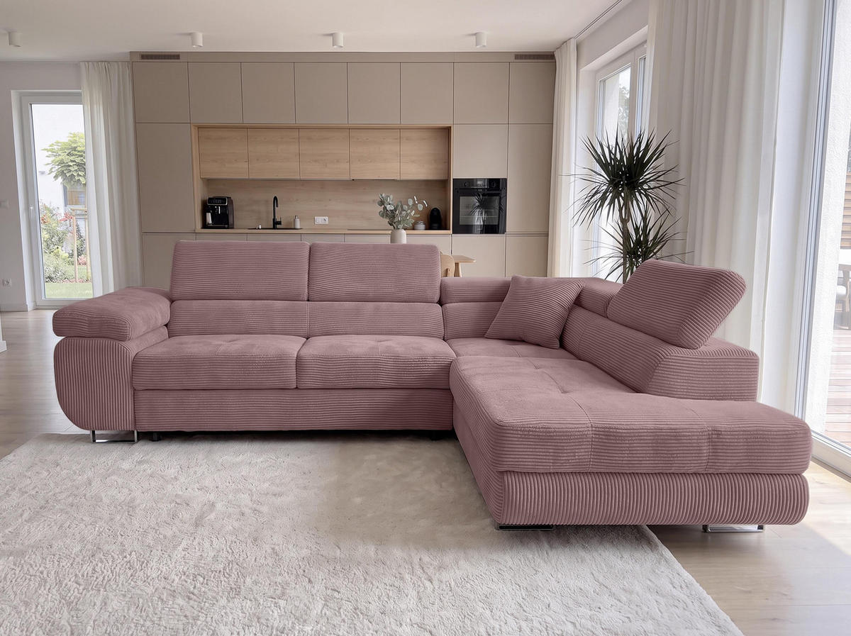 ECKSOFA L Form Konak Rosa 276/201/90 cm Rechts mit Schlaffunktion - Silberfarben/Rosa, Textil/Metall (276/203cm) - AX Living