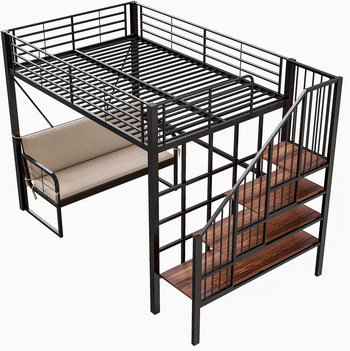 ETAGENBETT 140/200 cm, Schwarz mit Stauraum und Polstersofa - Schwarz, Metall (140/200cm) - MIVRAY