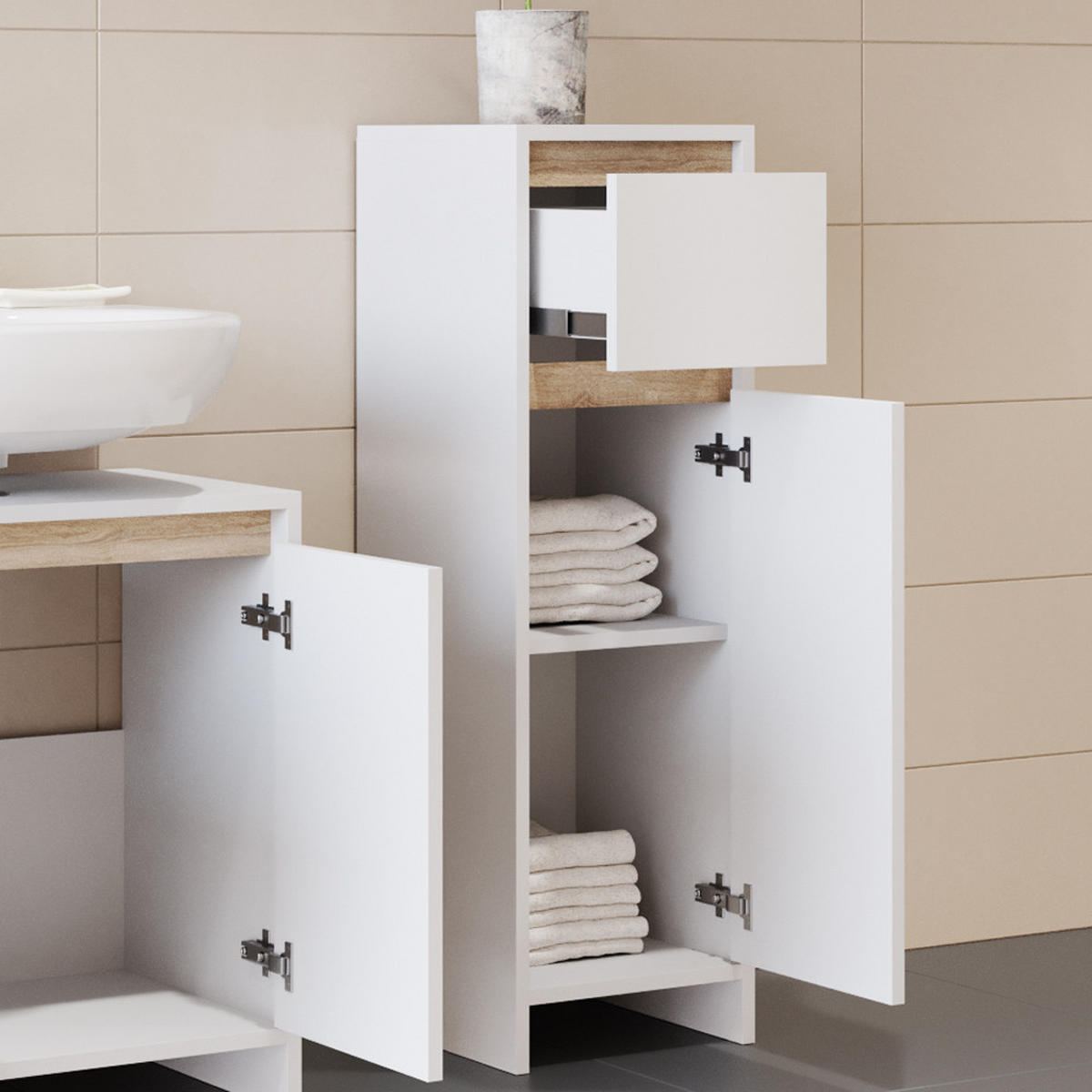 MIDISCHRANK Emma Weiß/Sonoma 30 x 95 cm - Weiß/Sonoma Eiche, Holzwerkstoff (30/95/30cm) - Vicco
