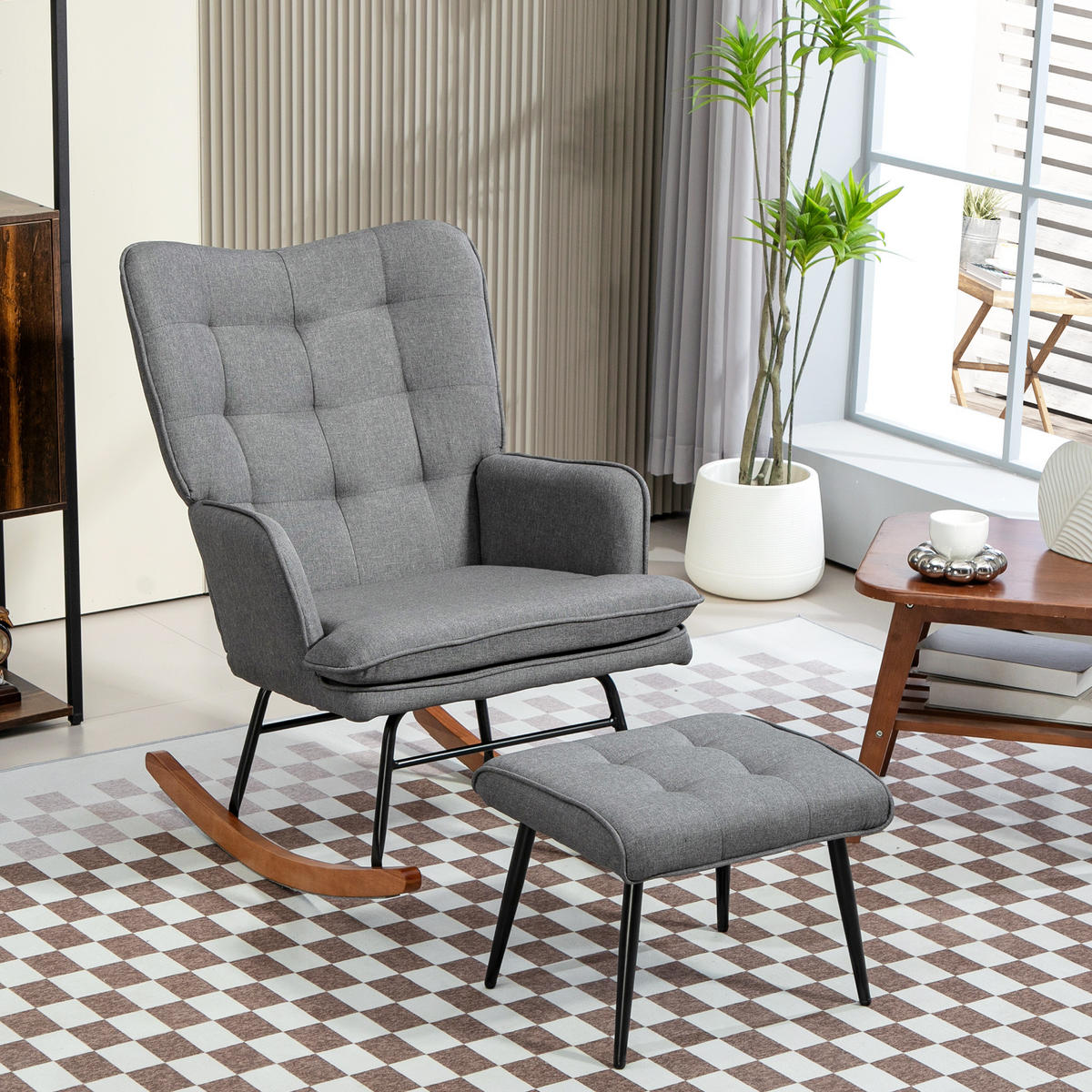 SCHAUKELSTUHL Schwingsessel mit Hocker Armlehnsessel Relaxsessel mit Leinenoptik - Dunkelgrau, Kunststoff (89/90/64cm) - HOMCOM