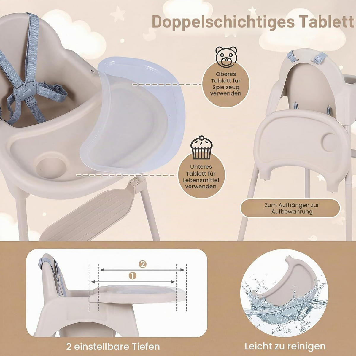 KINDERHOCHSTUHL aus Metall beige - Beige, Metall (56/56.5/46cm) - COSTWAY