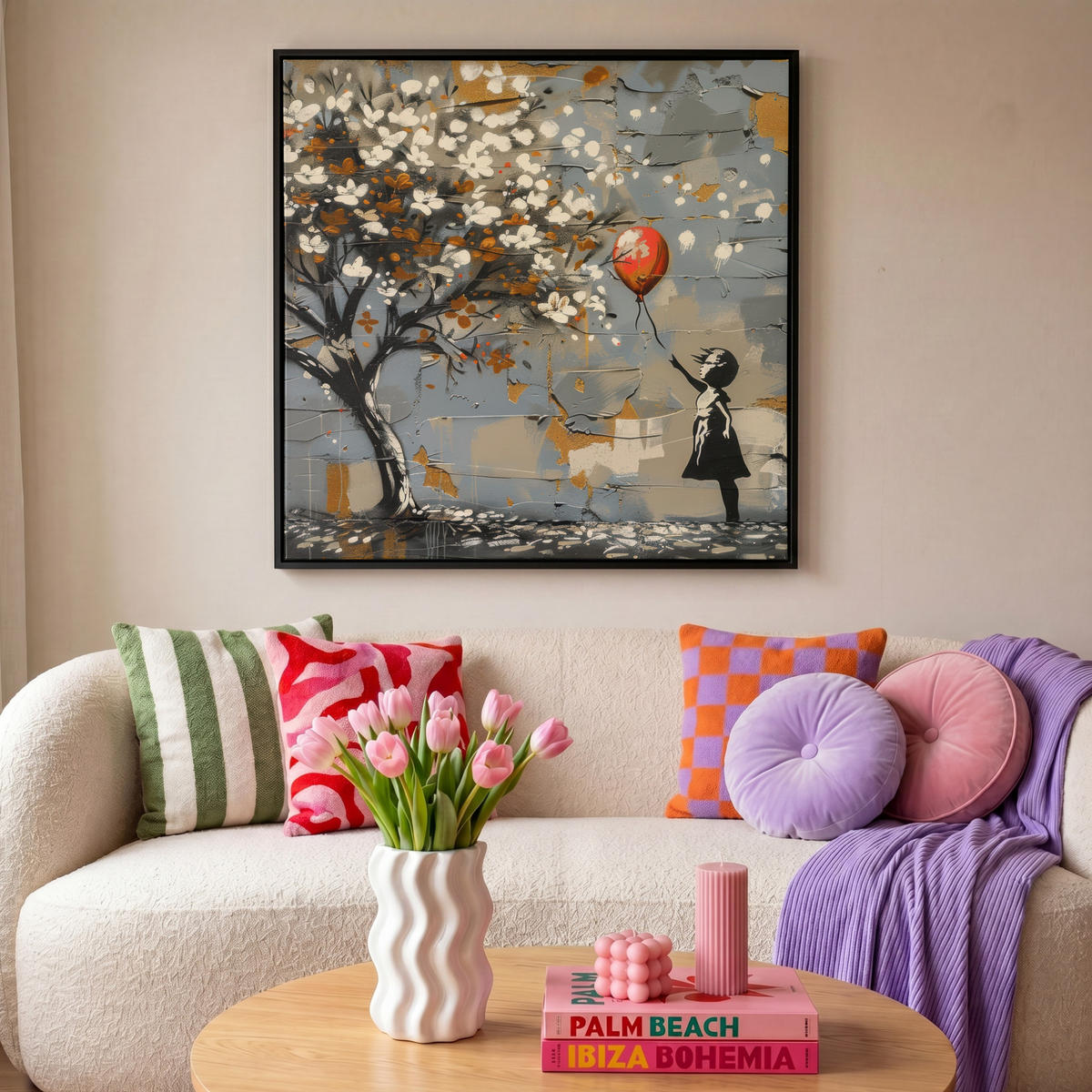 LEINWAND Bilder mit Rahmen - Baum - Graffiti - Banksy-Stil - Ballon-Mädchen - 90x90 - Blaugrau, Textil (90/90cm) - MuchoWow