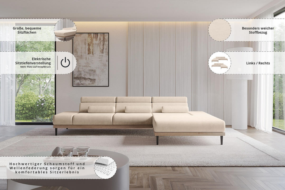 ELEKTRISCHES ECKSOFA Rechts MONA 316x205x85 Beige Velours - Sahara, Holzwerkstoff/Textil (316/205cm) - ALTDECOR