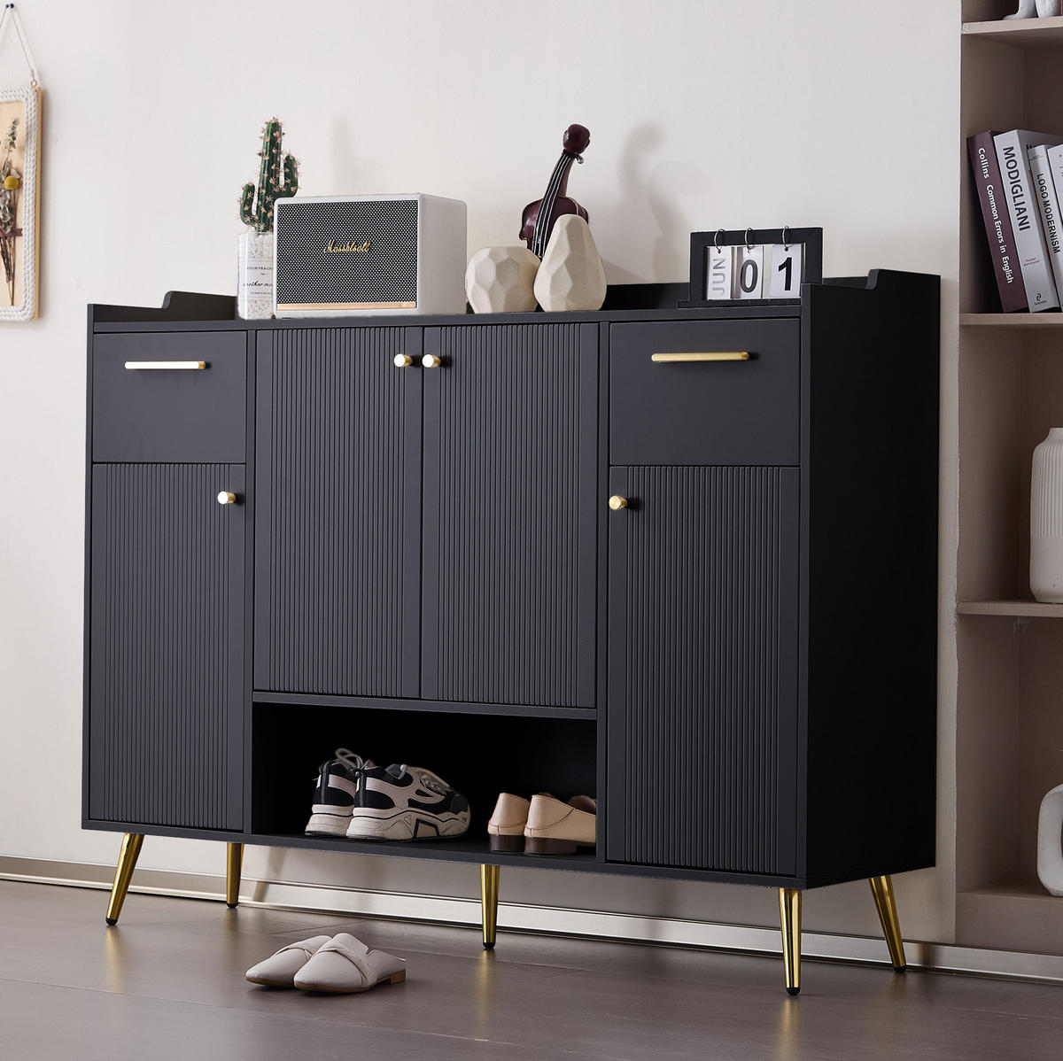 SCHUHSCHRANK aus Spanplatte 130x37x100cm in Schwarz mit 2 Schubladen - Schwarz, Holzwerkstoff (130/100/37cm) - Modfu