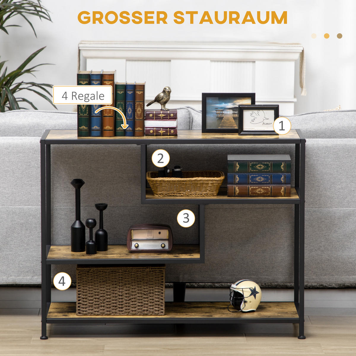 KONSOLENTISCH Flurtisch mit 4 Ebenen Stahlbeine für Diele Braun 99,6x33,6x74cm - Braun, Holzwerkstoff/Metall (99.6/33.6/74cm) - HOMCOM