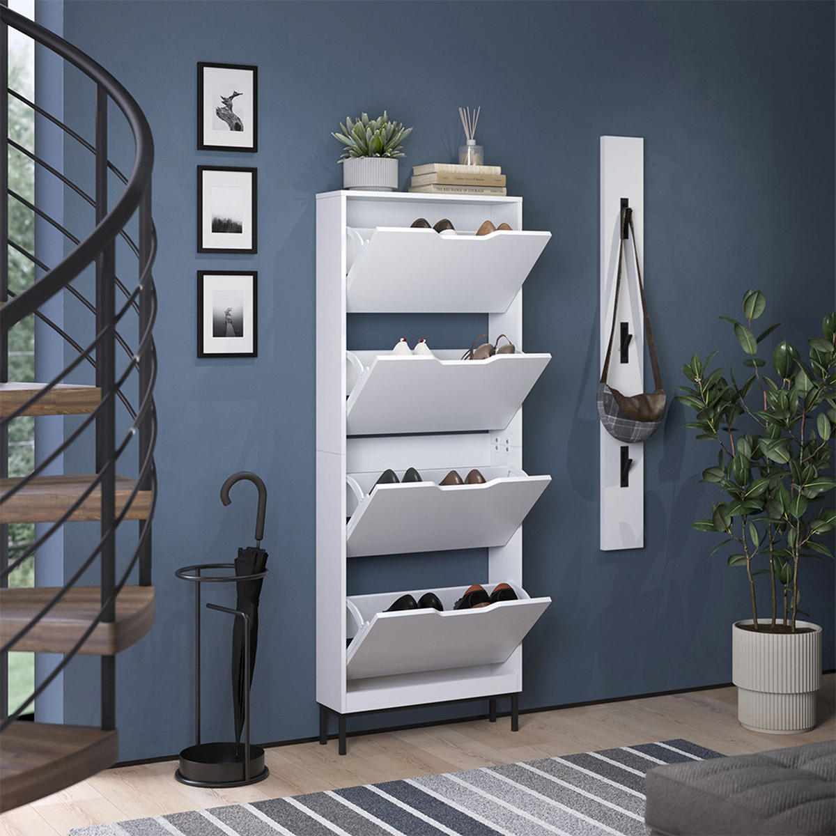SCHUHKIPPER Luca, Weiß/Schwarz, 59 x 157.5 cm mit 4 Kippfächern - Schwarz/Weiß, Holzwerkstoff (59/157.5/17cm) - Vicco