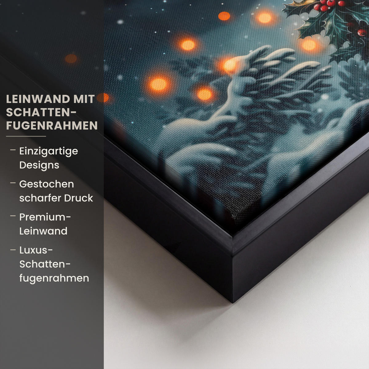 LEINWAND Bilder mit Rahmen - Hirsch - Weihnachten - Winter - Schnee - Weihnachtskranz - 30x20 - Dunkelbraun, Textil (30/20cm) - MuchoWow