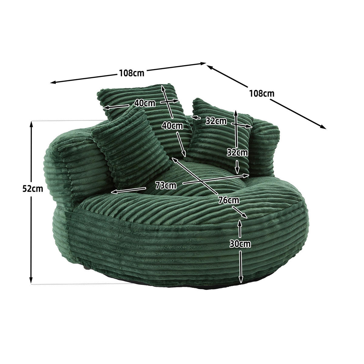 SITZSACK Cord,Sofa mit 3 extra Kopfkissen,Grün - Grün, Textil (108/52/108cm) - LVHOM