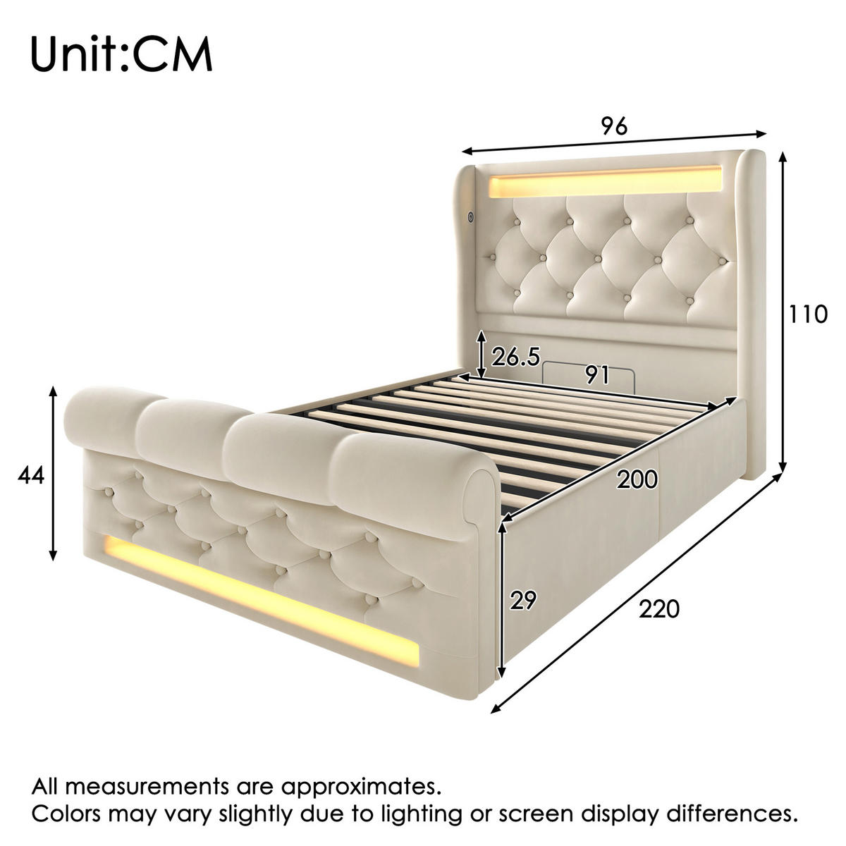 POLSTERBETT 90/200 cm Beige aus Samt mit LED, Stauraum und Matratze - Beige, Textil (90/200cm) - Flora Grace