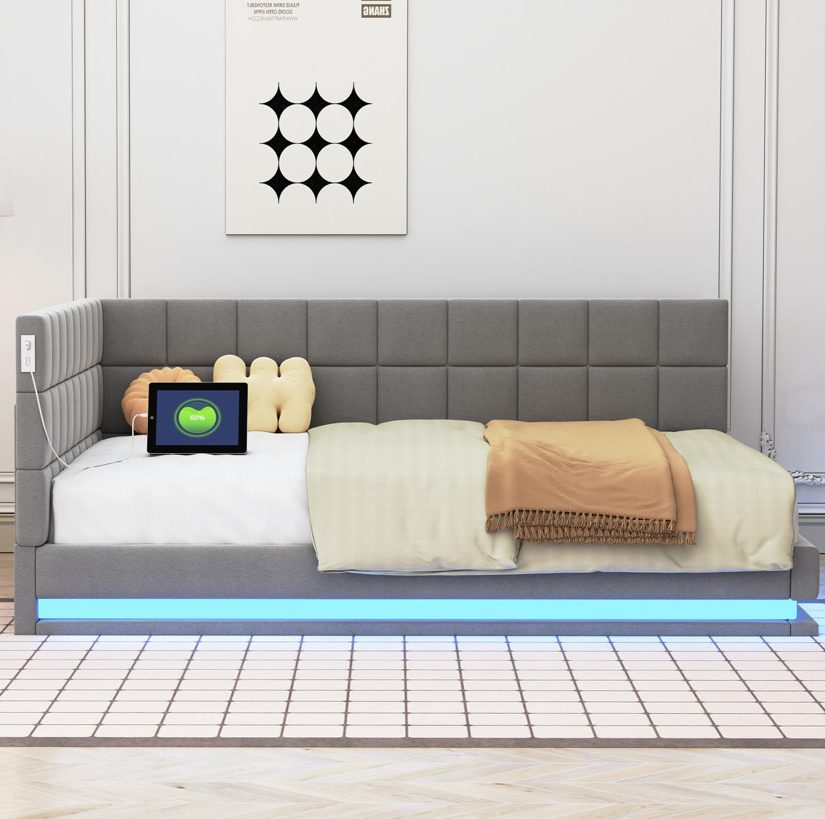 POLSTERBETT 140/200 cm Grau mit LED-Beleuchtung, USB-Anschluss und Lattenrost - Grau, Textil (140/200cm) - Flora Grace