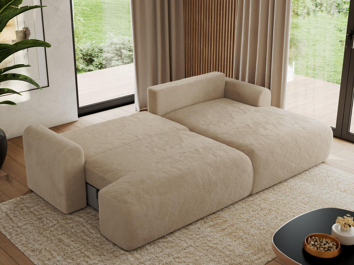 ECKSCHLAFSOFA TONO L Beige Plüsch - rechts - Beige/Schwarz, Kunststoff/Textil (150/260cm) - MKS