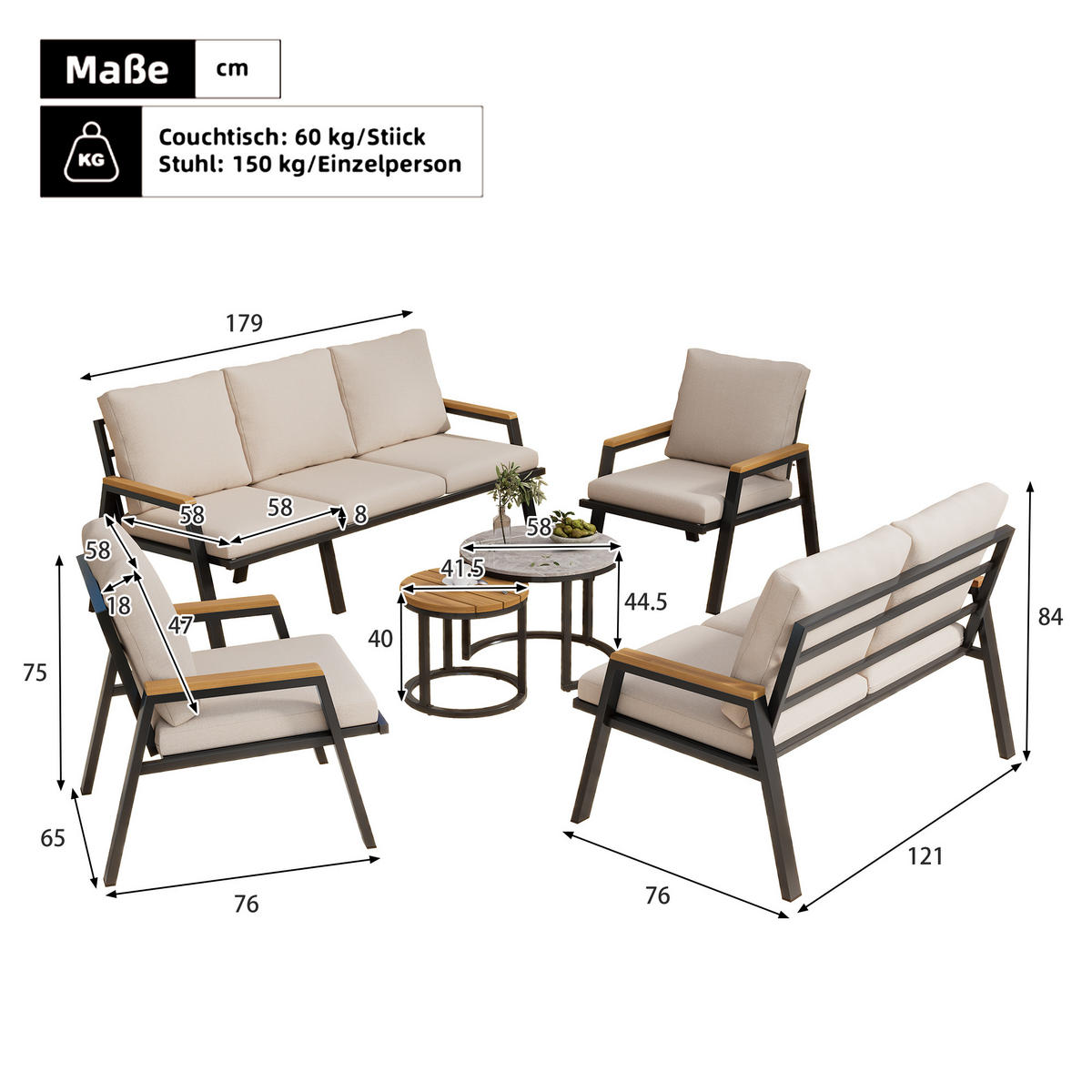 GARTENLOUNGE-SET Sofa Sessel 2 Tische Stahl Glas Graubeige - Grau, Textil - FLIEKS