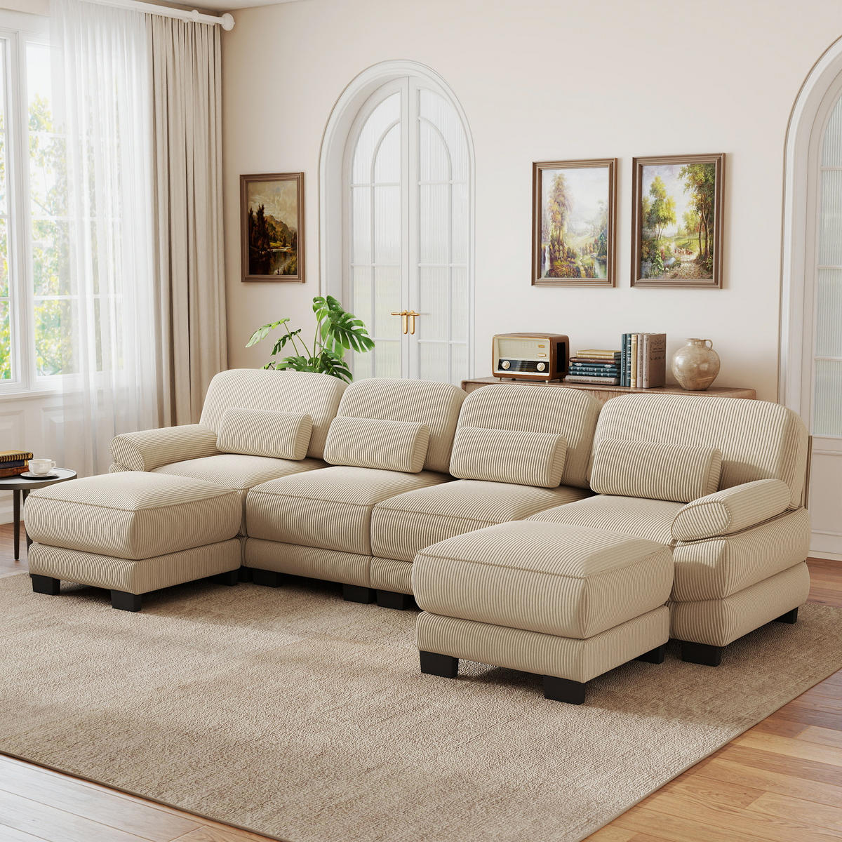WOHNLANDSCHAFT 4-Sitzer U-Form mit 2 Hockern, DE-42659, Beige - Beige, Holz (336/94/161cm) - ComfortXL