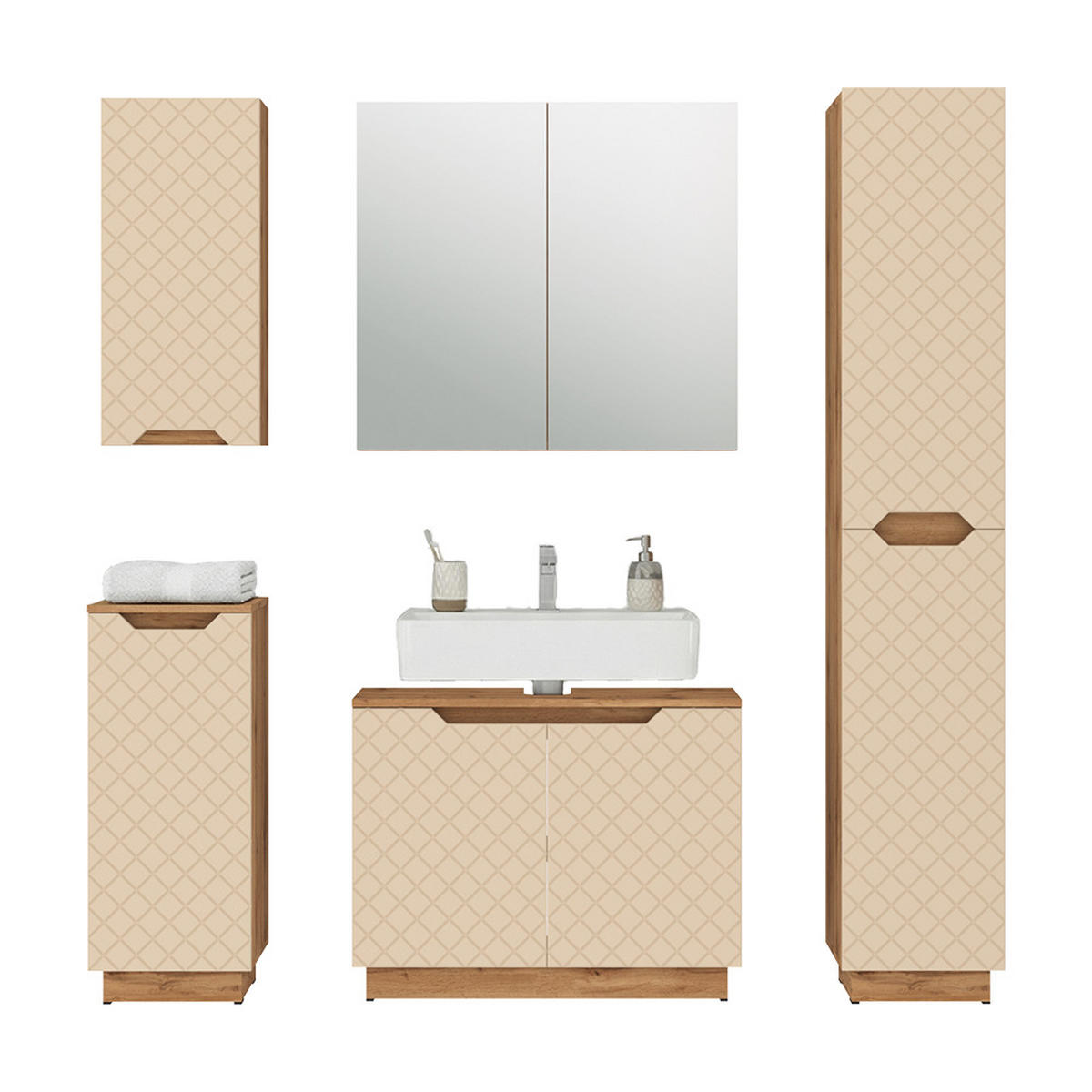 BADMÖBEL-SET Lotta Eiche/Kaschmir mit Kachelstruktur 5 Teile - Kaschmir, Holzwerkstoff (79.6/62.5/32cm) - Vicco