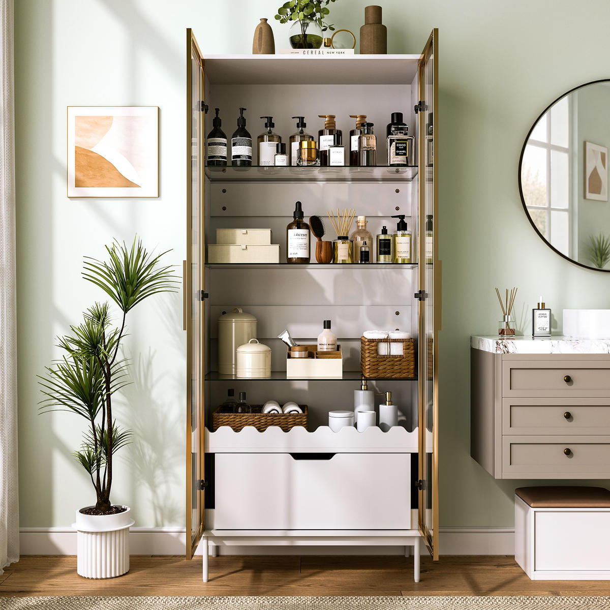 VITRINE in Weiß mit Glastür und Schublade für Wohnzimmer, B75/T35/H170,8 cm - Transparent/Weiß, Glas/Holzwerkstoff (75/170.8/35cm) - STILVORA
