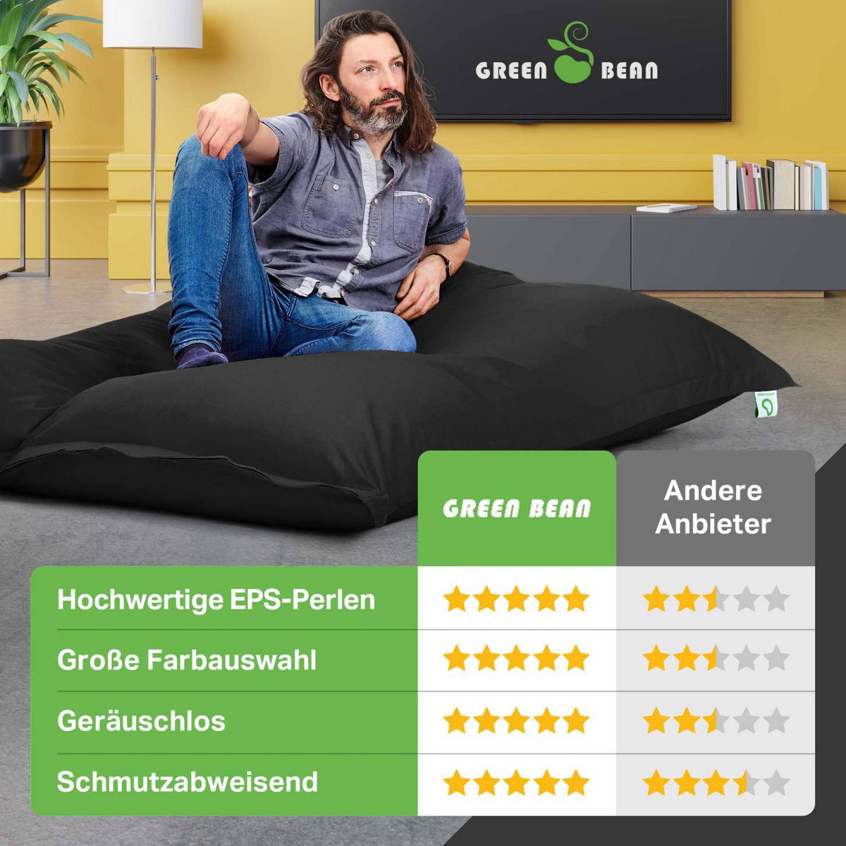 RIESEN-SITZSACK "Square" XXL - Baumwolle - Schwarz, Textil (140/25/180cm) - Green Bean