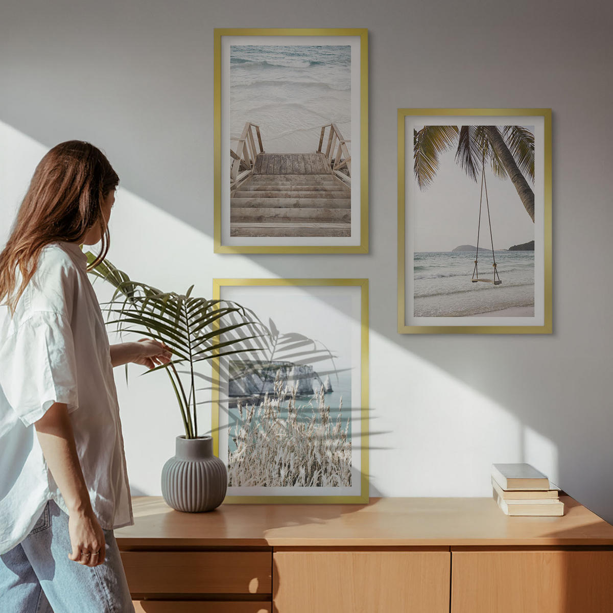 WANDBILDER 3er Set - 40x60 cm Goldrahmen - Strandtreppe aus Holz, Schaukel - Goldfarben, Kunststoff (40/60cm) - ArtPrintCave