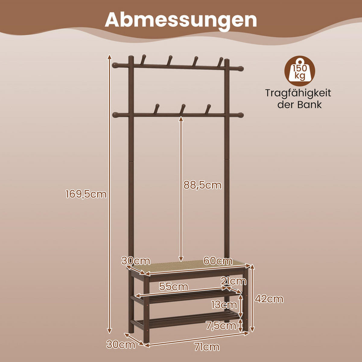 GARDEROBENSTÄNDER mit Schuhbank braun - Braun, Naturmaterialien (71/169.5/30cm) - COSTWAY