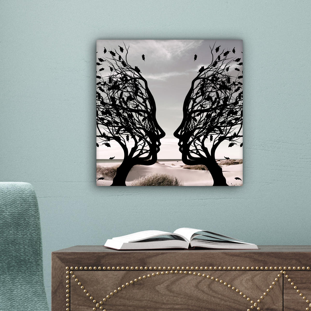 LEINWANDBILD Strand - Meer - Menschen - Baum - Moderne Kunst 20x20 cm - Hellgrau, Textil (20/20cm) - MuchoWow