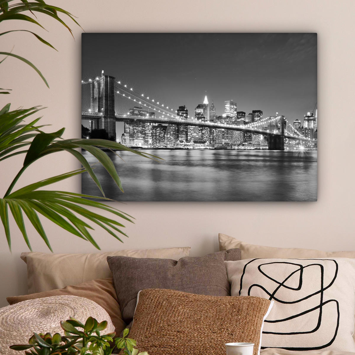 LEINWANDBILD - New York - Brücke - Brooklyn - Schwarz und weiß - Architektur - 80x60 - Malerei - Schwarz, Textil (80/60cm) - MuchoWow