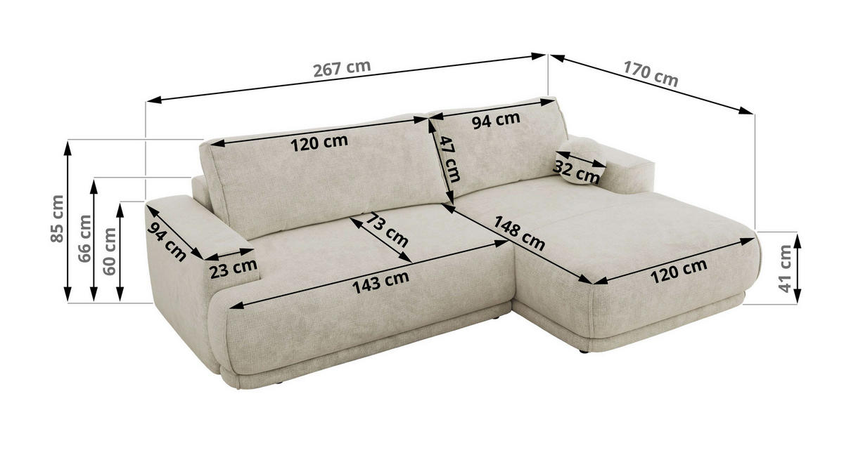 ECKSCHLAFSOFA RINA L Creme Schenille grob gewebt - rechts - Creme/Schwarz, Kunststoff/Textil (170/267cm) - MKS