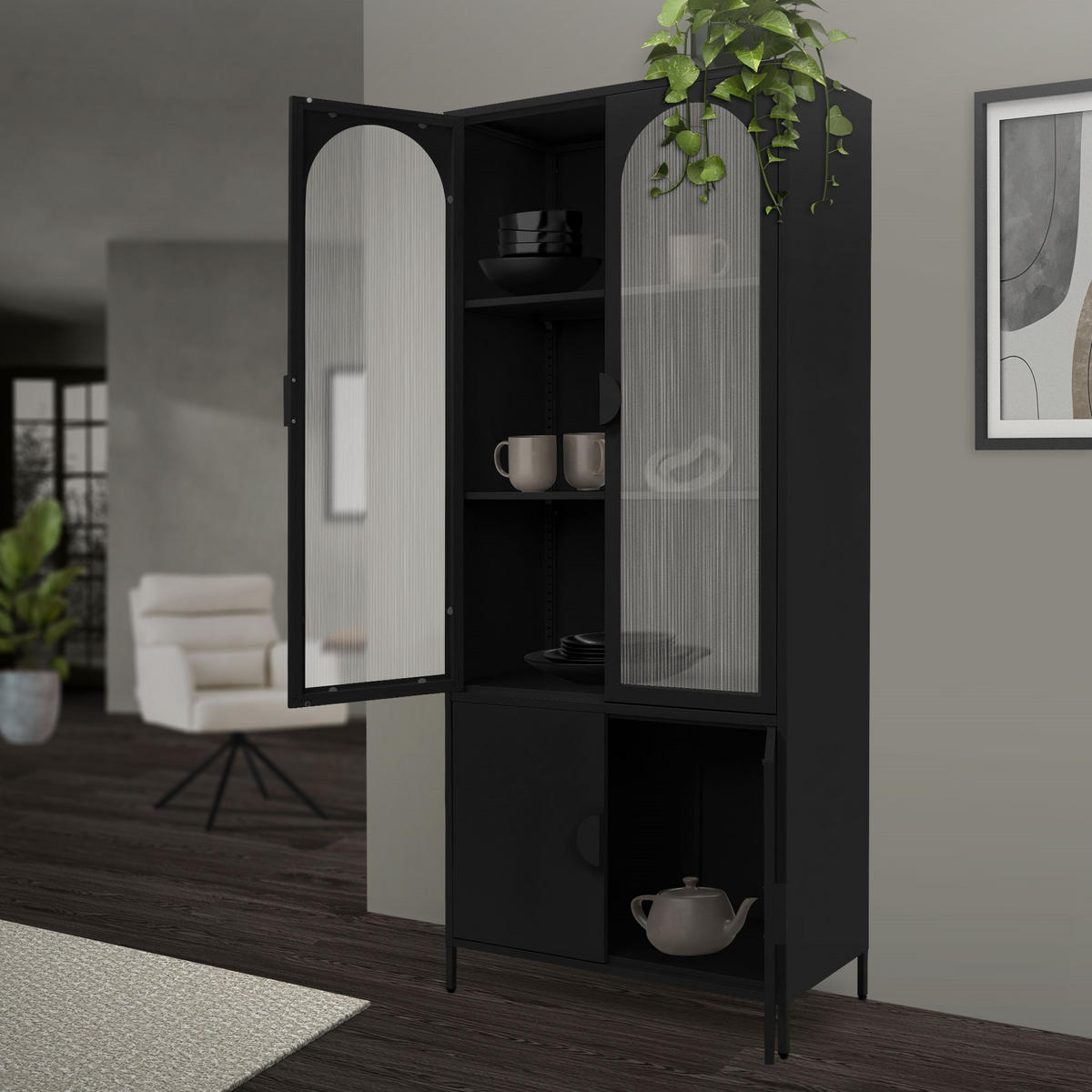 VITRINENSCHRANK 80x185x40 cm Schwarz aus Stahl mit 4 Türen - Schwarz, Metall (80/185/40cm) - ML-DESIGN