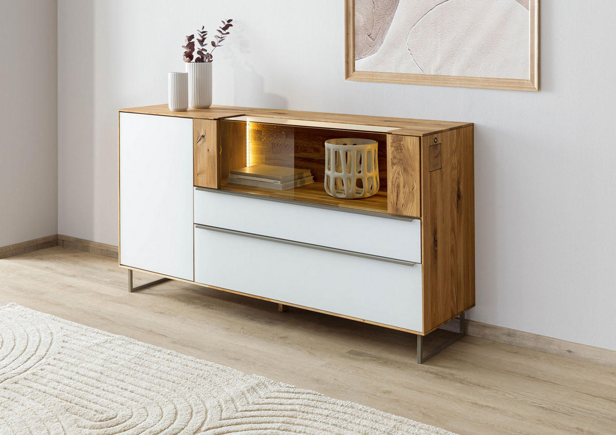 SIDEBOARD Wildeiche 160x43x87 natur geölt / Glas weiß WIEN #120 - Naturfarben, Holz (160/87/43cm) - Massivmoebel24
